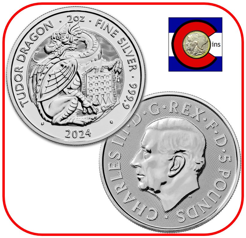 2024 Royal Tudor Beasts Tudor Dragon 2 oz 0.9999 Silver BU Coin in Capsule