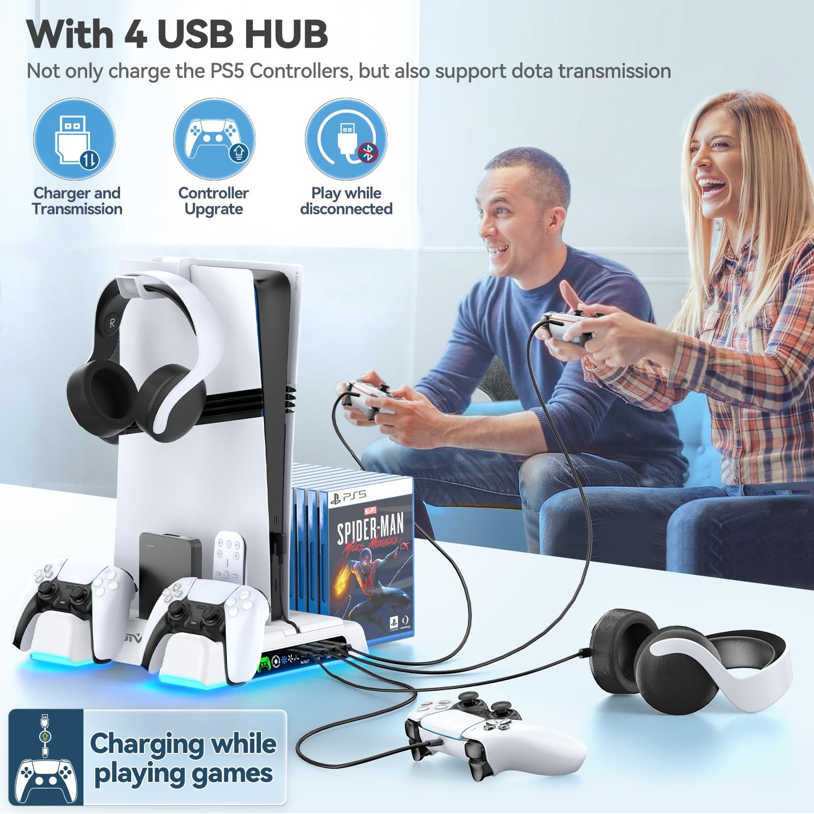 PS5/Slim/Pro Stand and Cooling Station with LED Controller Charging All White
