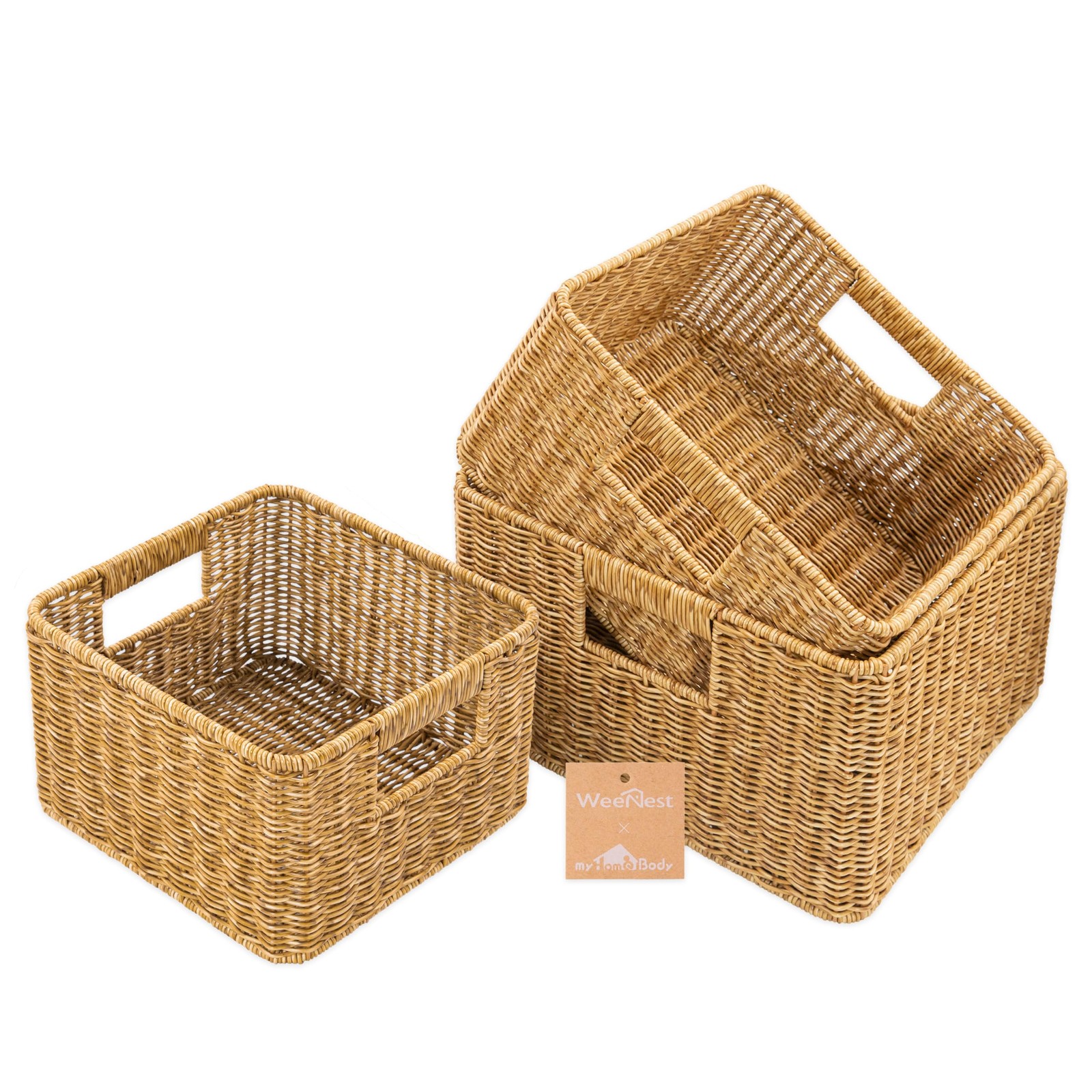 3 PCS Tan Resin Wicker Storage Basket Cubes Woven Baskets Organizing