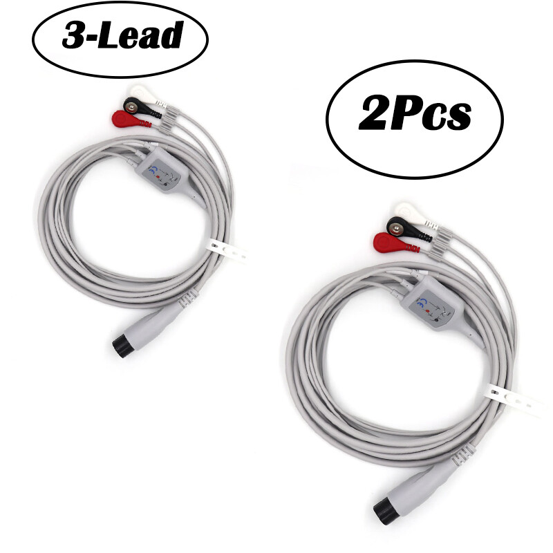 2Pcs ECG/EKG Universal Cable 6Pin 3-Lead Snap Fit For Welch Allyn:Propaq 100,200