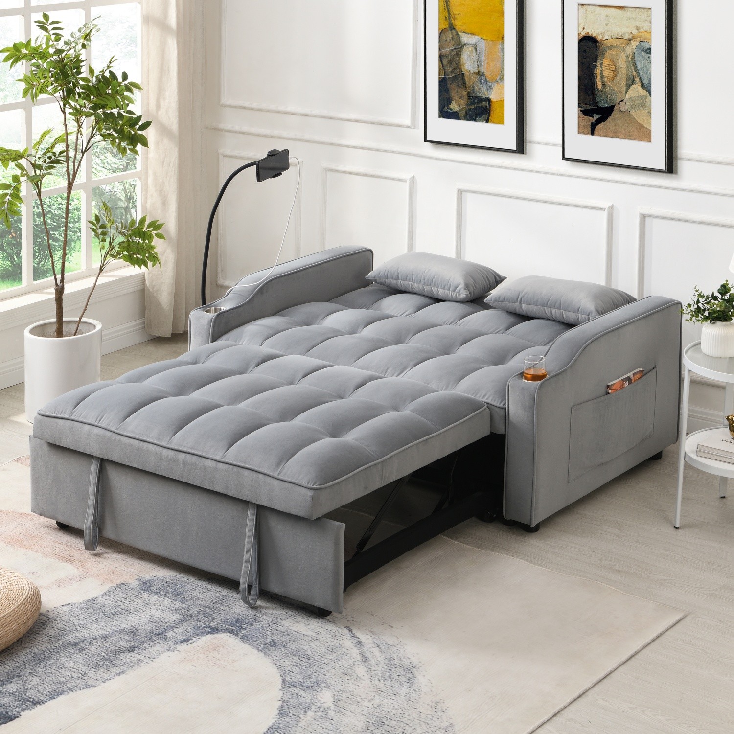 Modern Convertible Sleeper Sofa Bed Loveseat Sofa with Pull-Out Bed & USB Ports