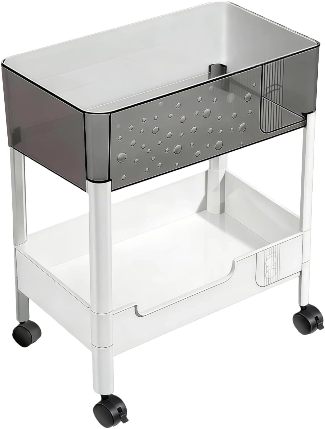 2 Tier Rolling Cart with Wheels for under Desk Storage, Heavy Duty Plastic Short