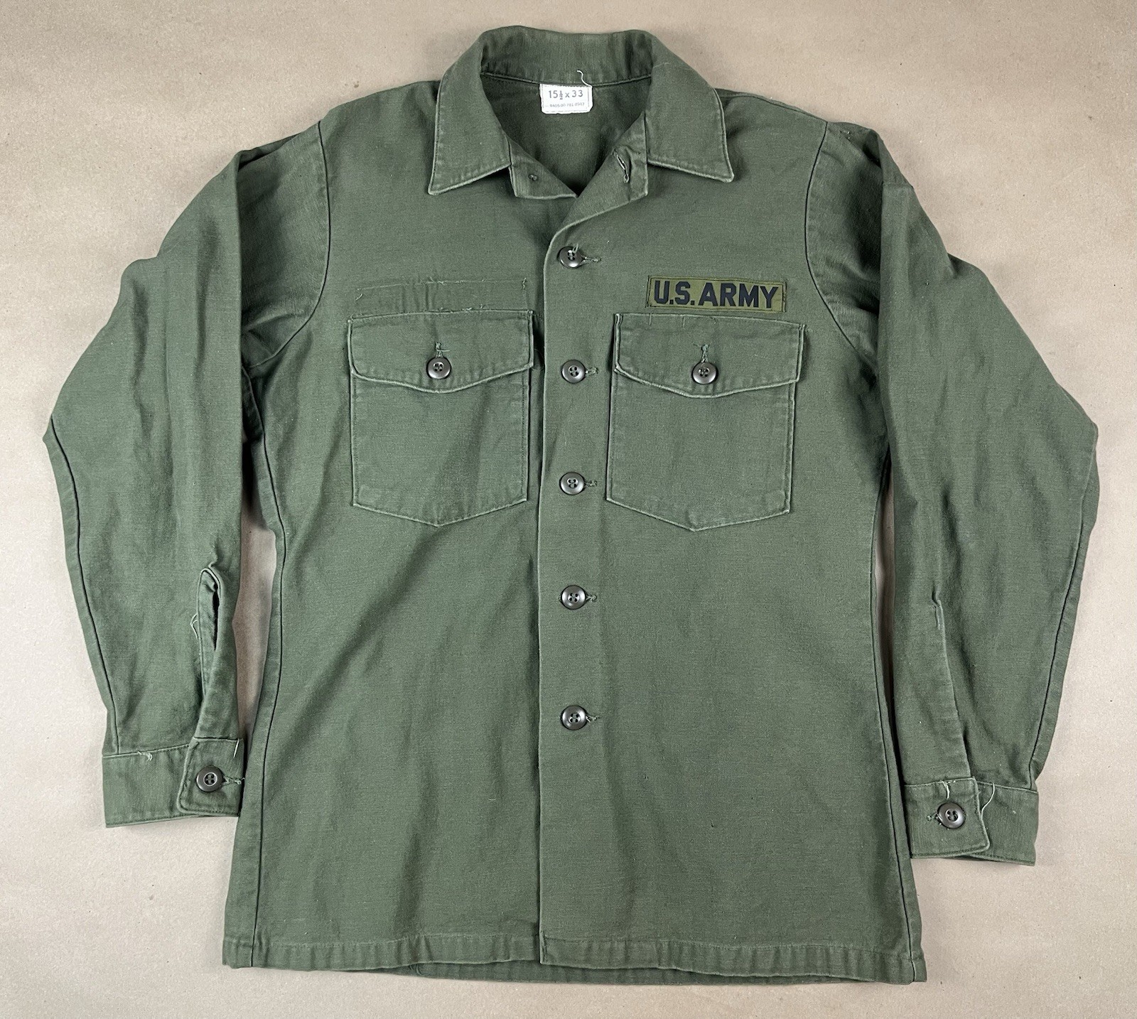 Vintage Military Shirt Men 15.5 x 33 Green OG 107 70s Utility Button Up USA 1976