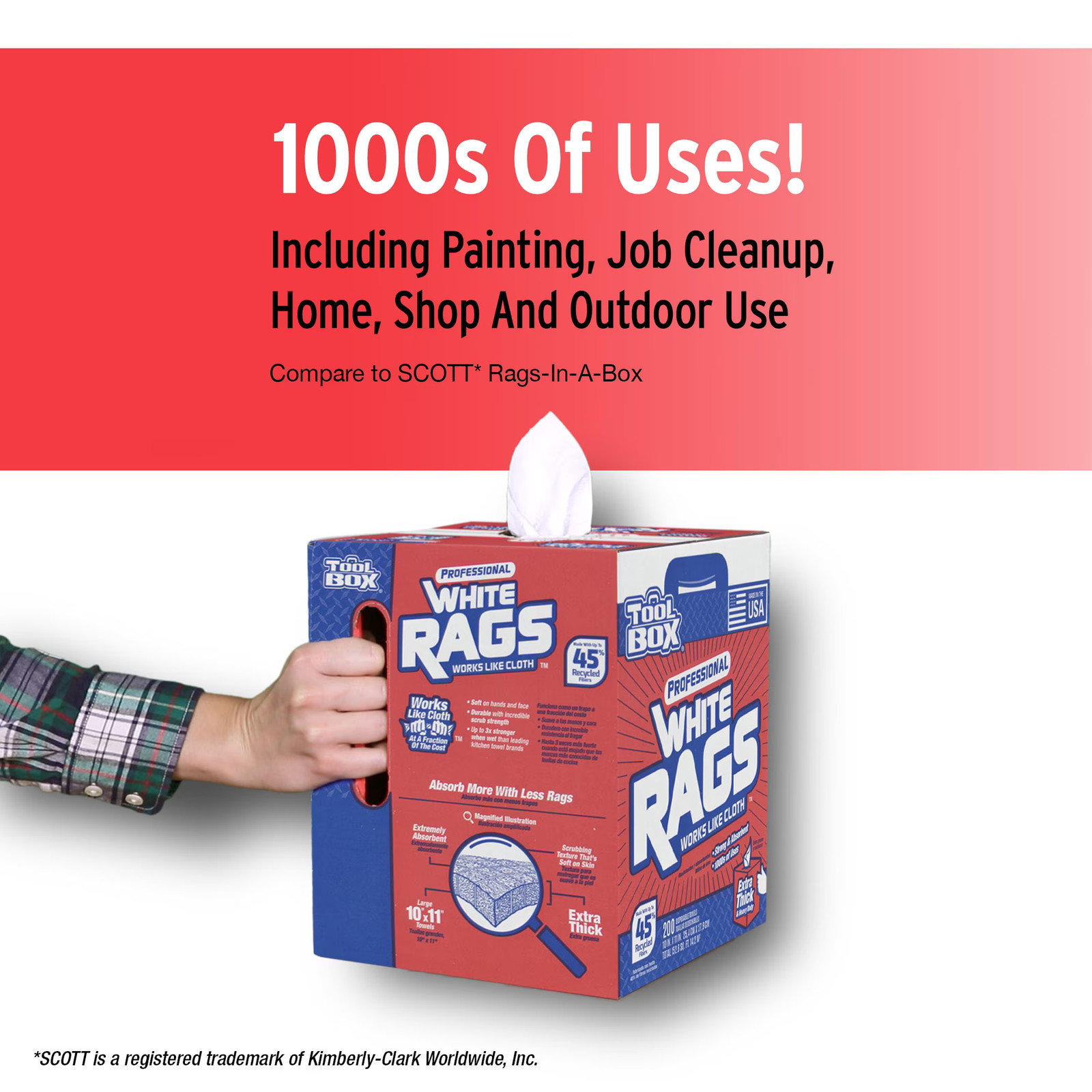 TOOLBOX Professional White Rags (200 Sheets; 10" x 11" Sheet Size; Disposable