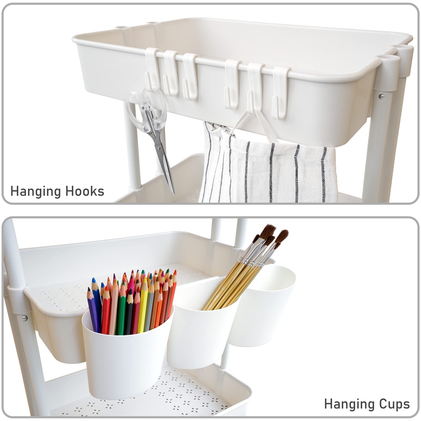 3 Tier Rolling Storage Organizer Mobile Utility Cart with Baskets Wheels White