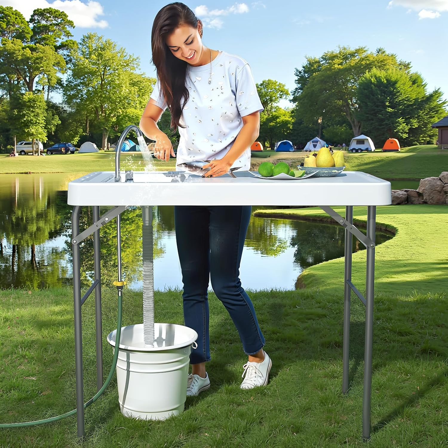42.5" Fish Cleaning Table with Sink, Folding Camping Table & Fish Cleaning Stati