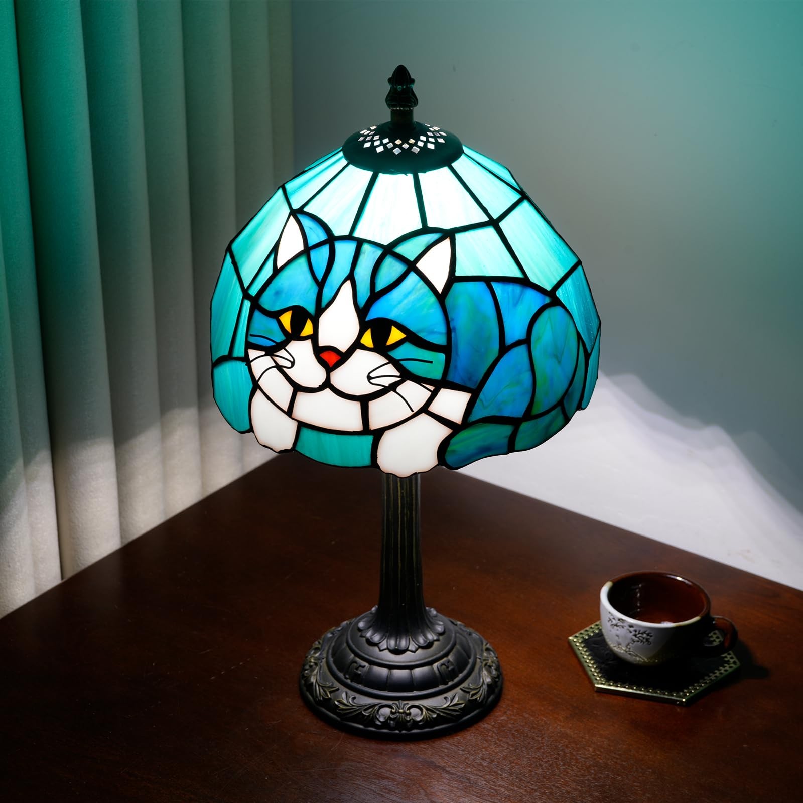 Tiffany Lamp Stained Glass Table Lamp 8X8X14 Inches Cat Style Living Room Bed...