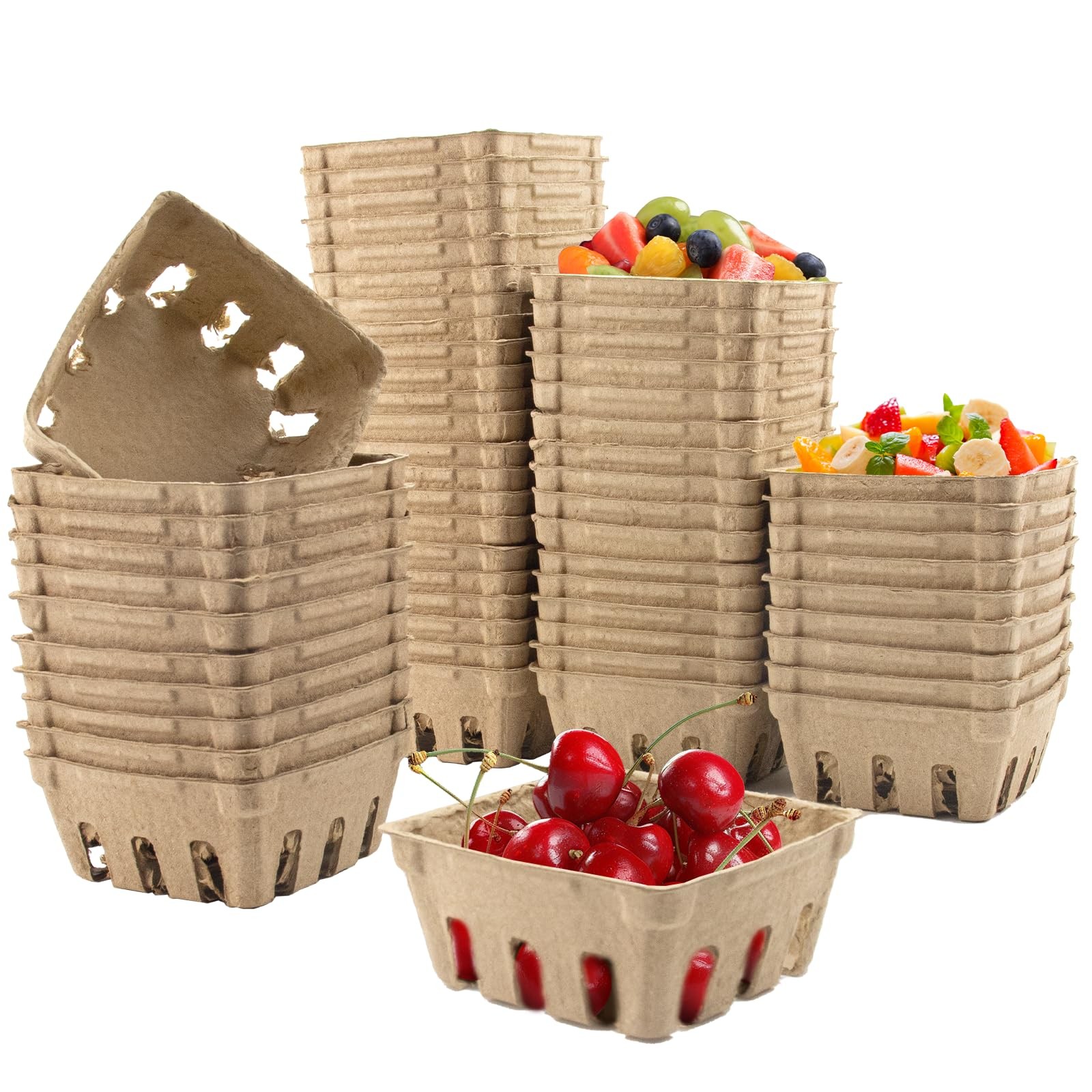 100 PCS Pulp Fiber Berry Baskets Molded Vented Produce Farmer Containers