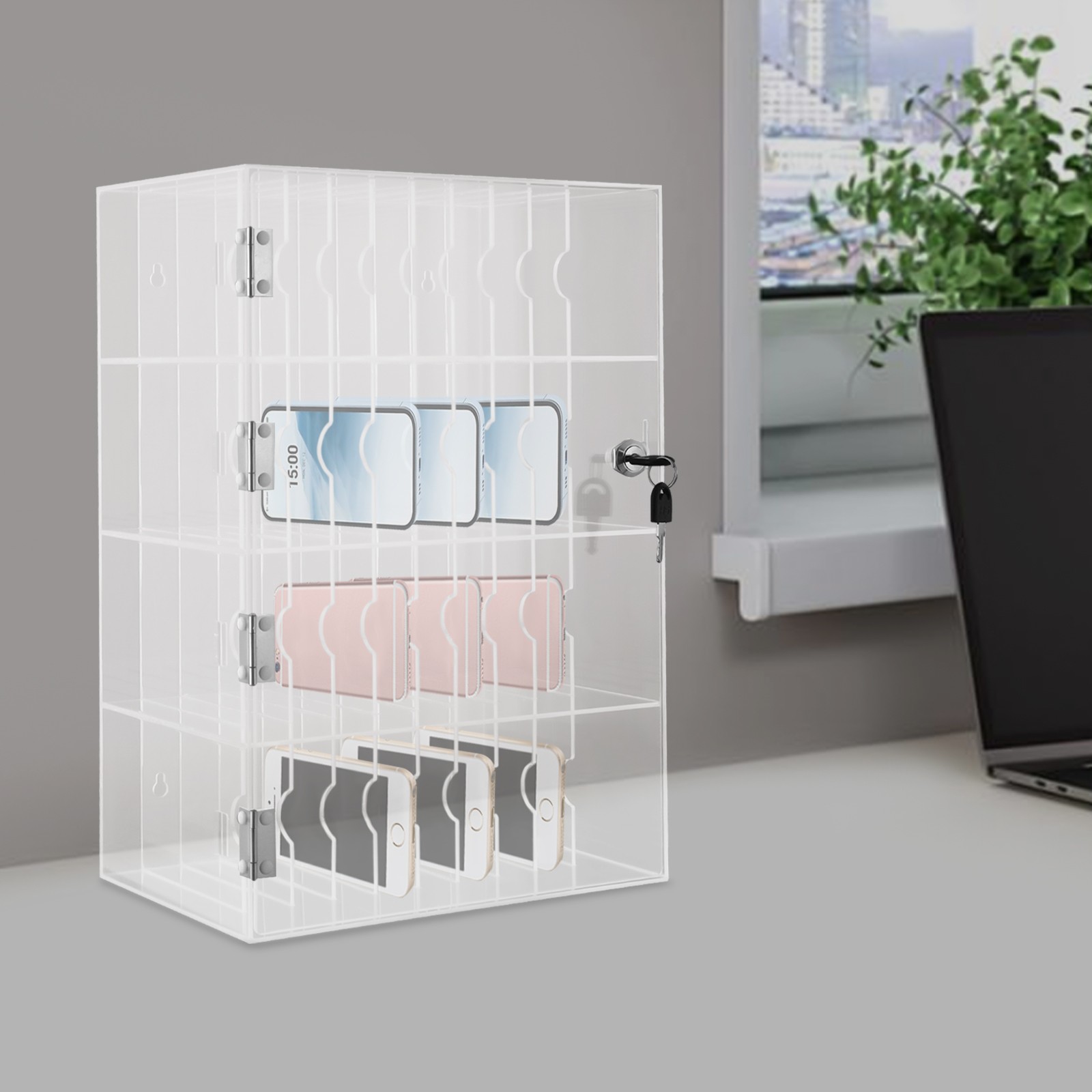 4-Tier Cell Phone Locker Box Acrylic Cell Phone Cabinet Cell Phone Storage Box
