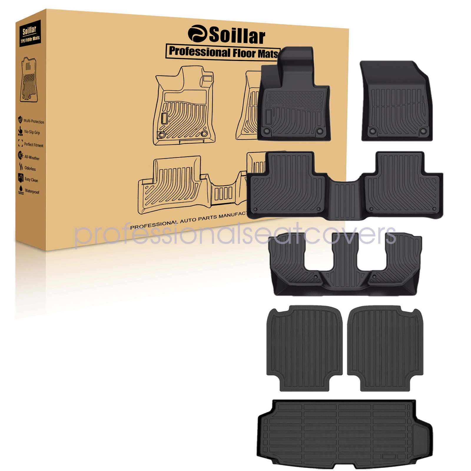 For 2016-2025 Volvo XC90 PHEV 7 Seats TPE Floor Mats & Trunk Cargo Liner Black