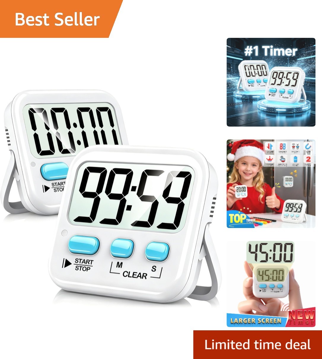 Large Display Digital Timer Set for Cooking, Study & Exercise - 2 Pack Included