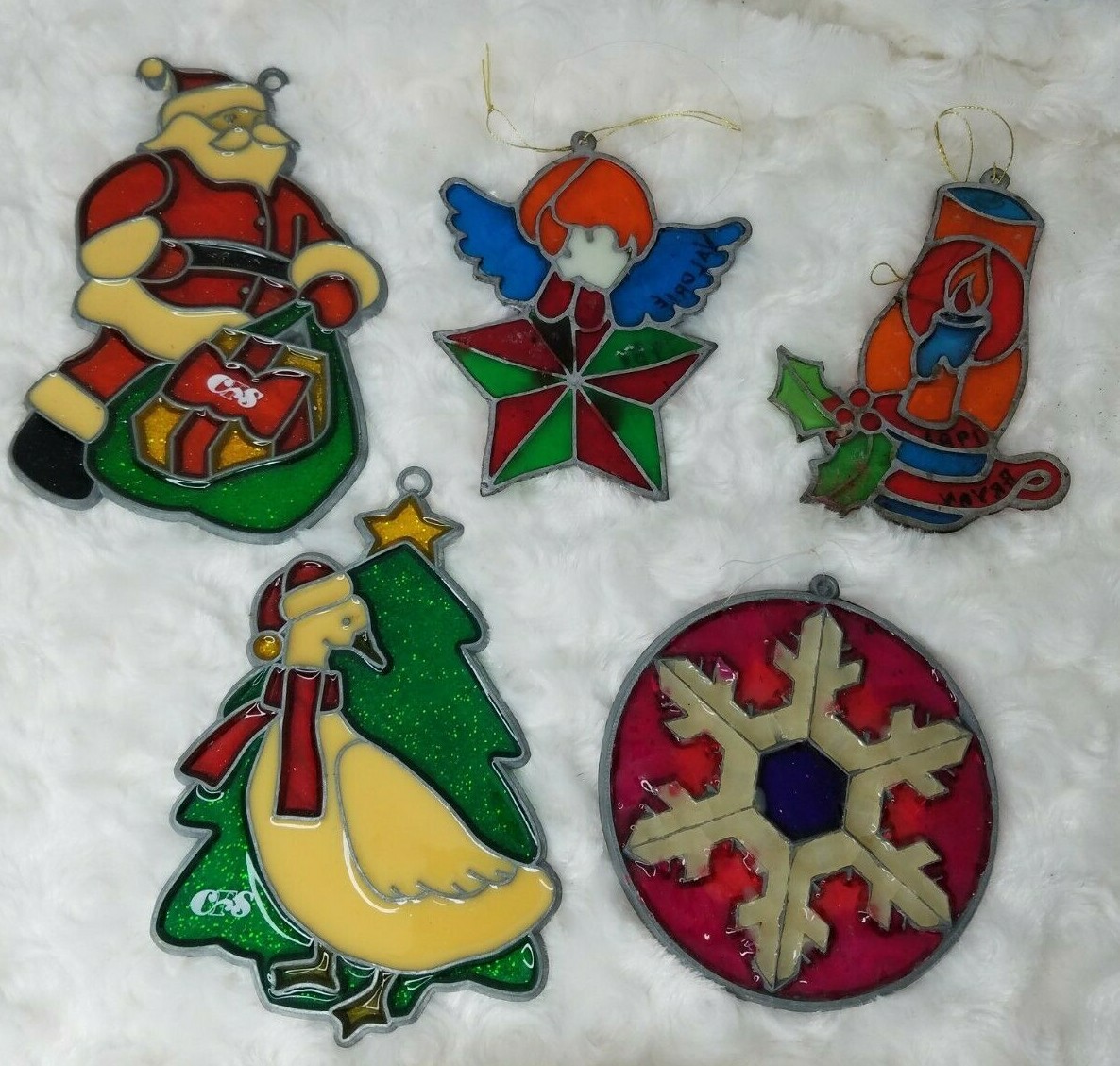 Christmas Ornaments 5pc Set Vintage Stained Glass Plastic D2-114