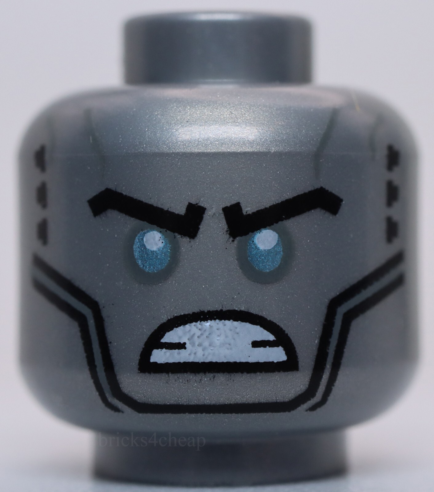 Lego Flat Silver Head Alien Robot Black Eyebrows Metallic Light Blue Eyes Angry