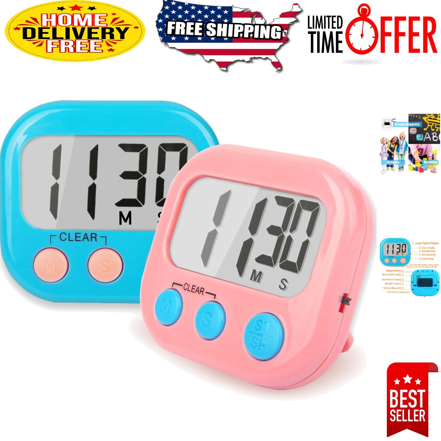Digital Countdown Timers 2 Pack for Teachers & Kids - Strong Magnetic & Colorful