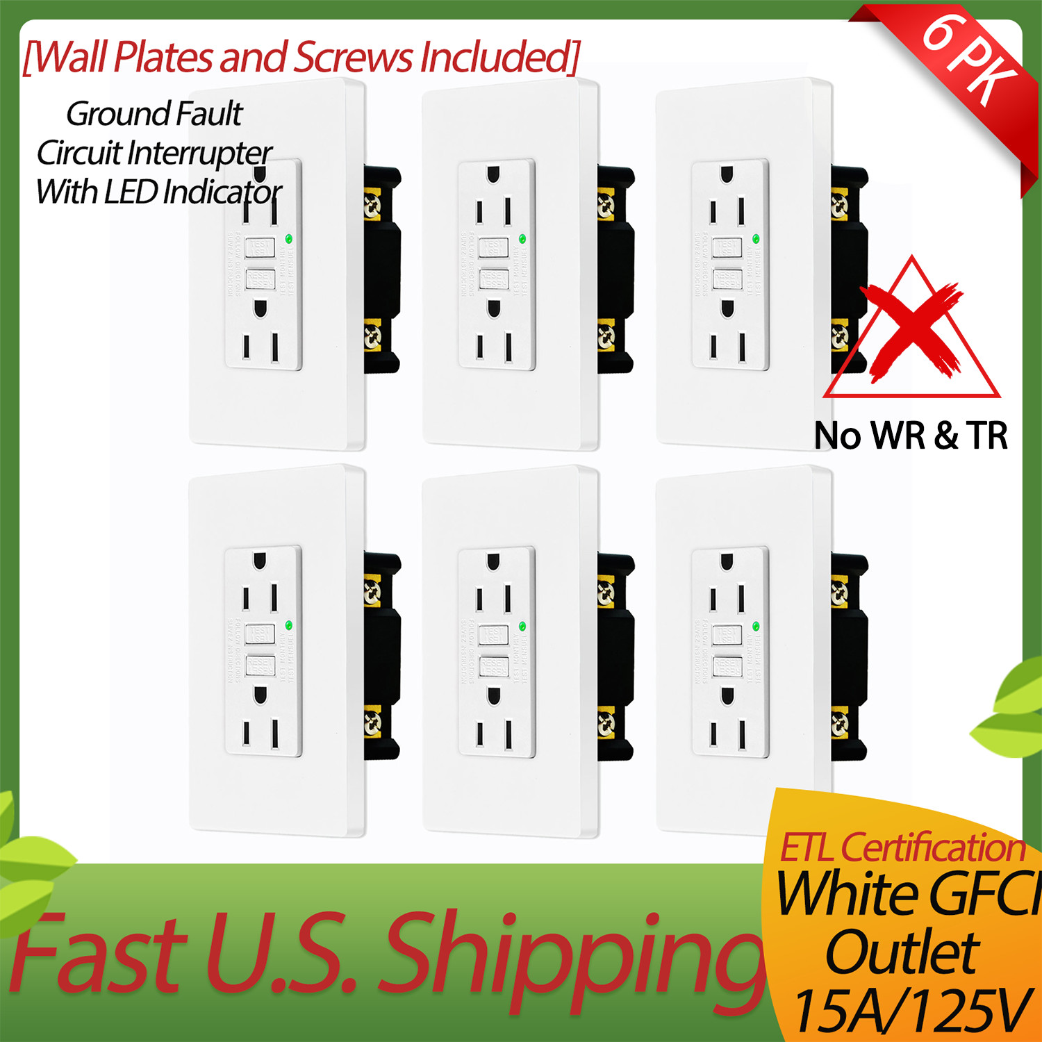 6x 15A GFCI Non-TR Outlet with Plate,Electrical Duplex Outlet with LED Indicator