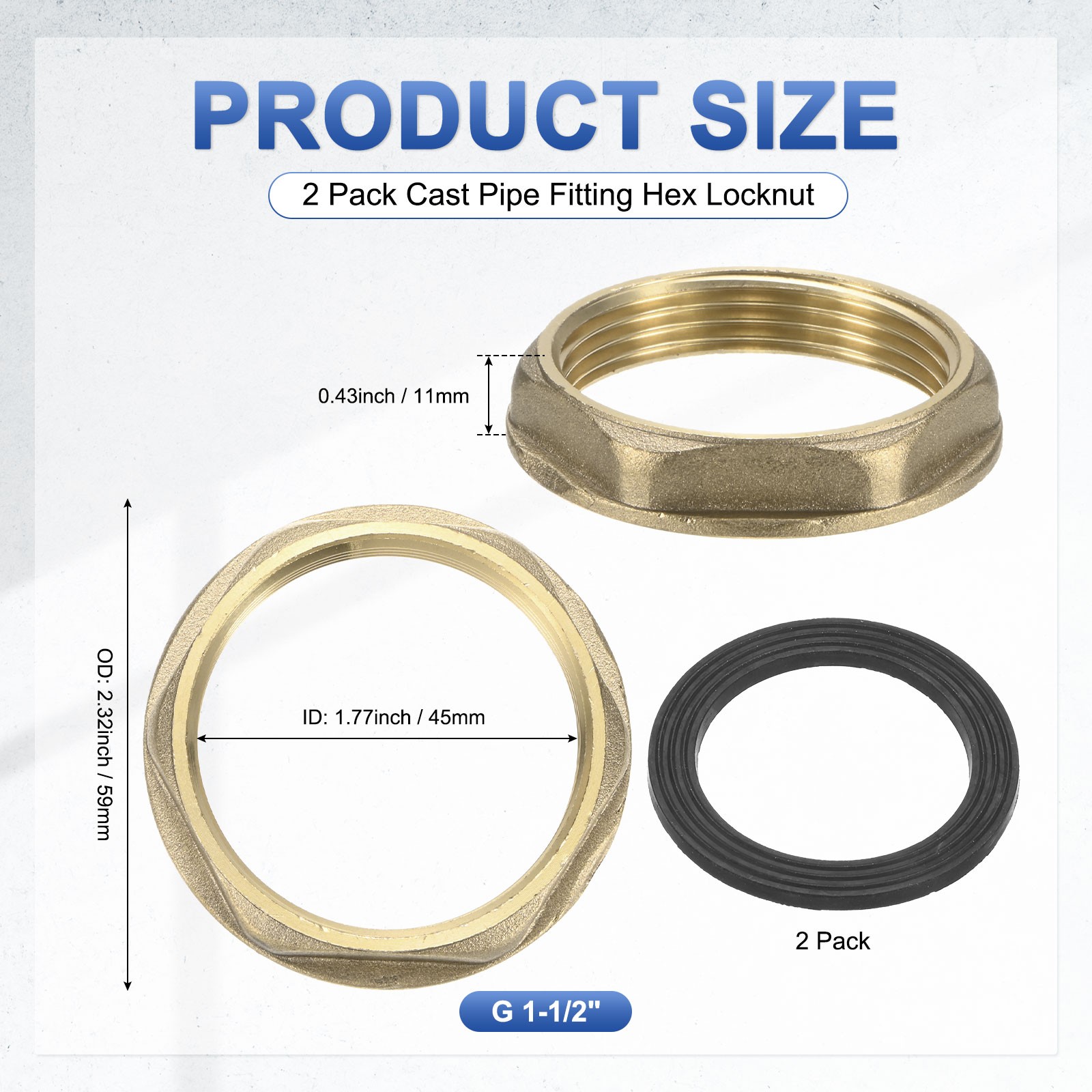 2 Pcs Brass G 1-1/2" Pipe Fitting Flange Hex Locknuts with Washer