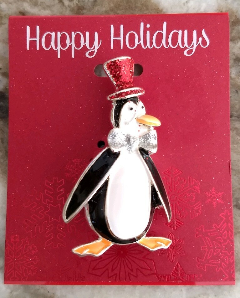 Danecraft Enamel Christmas Penguin Brooch Silver Tone and Glitter