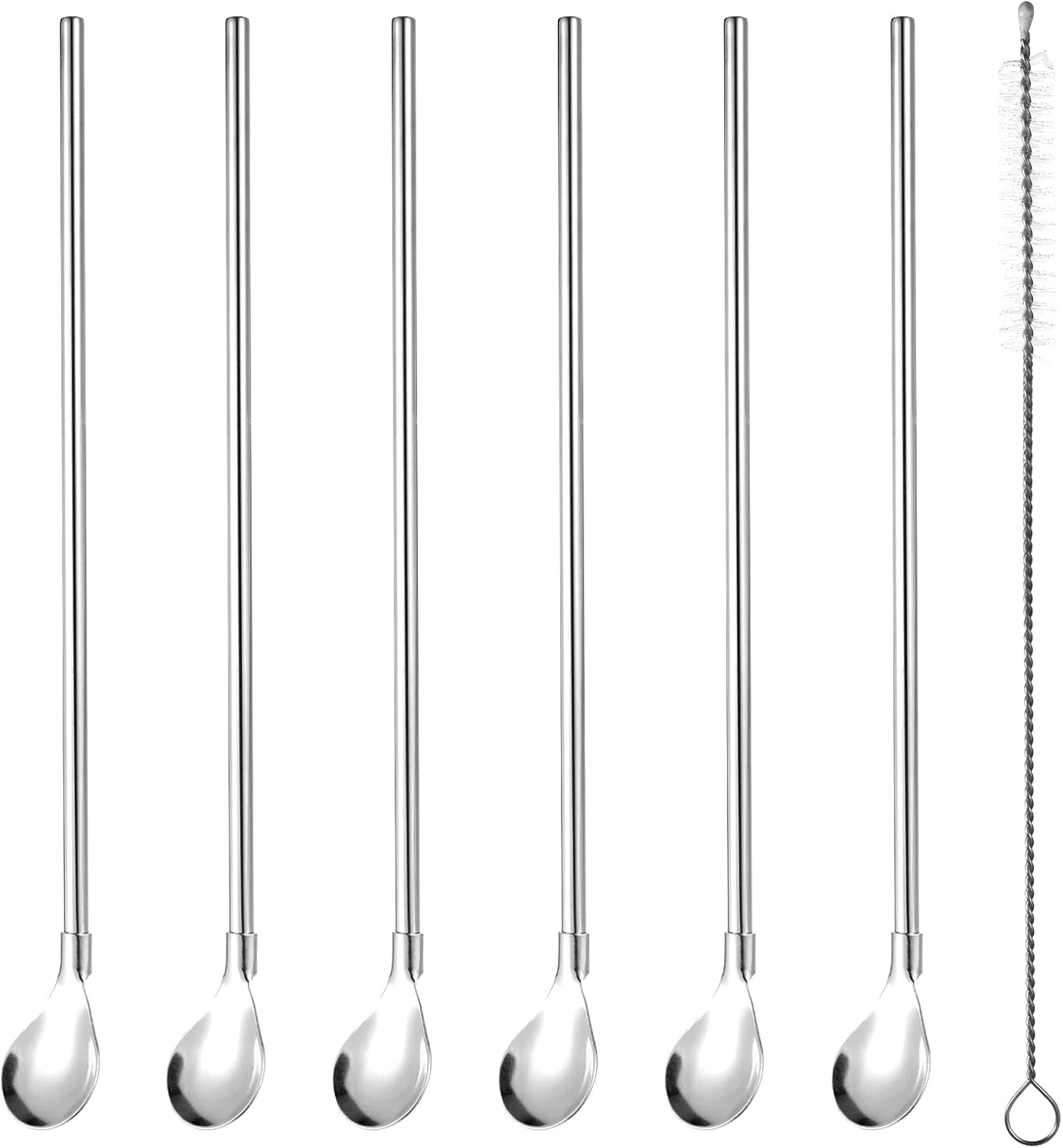 6 Pieces Stainless Steel Spoon Straws, Spoon Straw with 1 Cleaning Brush