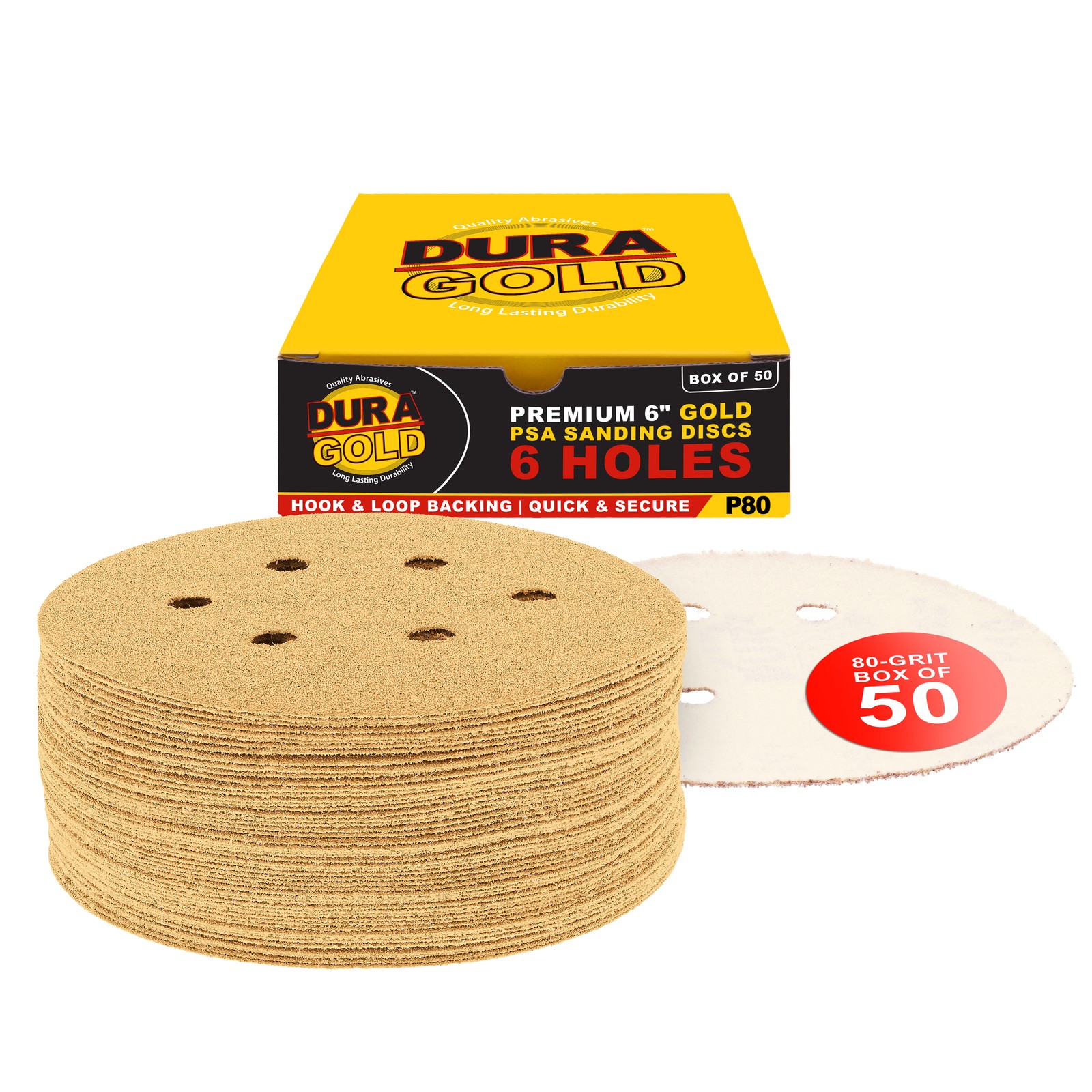 80 Grit 6" Gold Hook & Loop 6-Hole Sanding Discs for DA Sanders - Box of 50