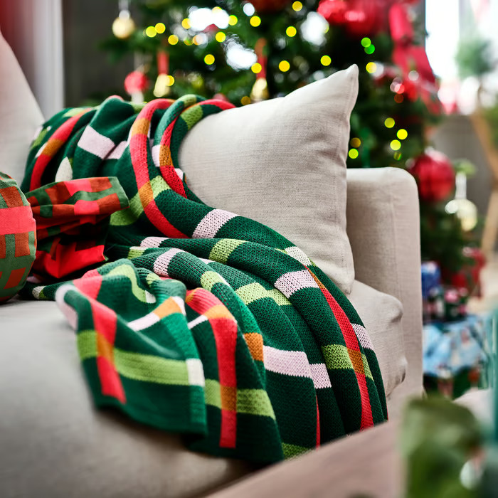 Ikea VINTERFINT multicolor Red/Green 51x67 " COTTON ~ Christmas Throw S/O -NWT