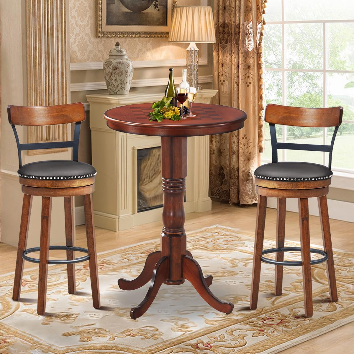 3-Piece Dining Table Set for 2, Compact round Table with Swivel Bar Stools, Retr