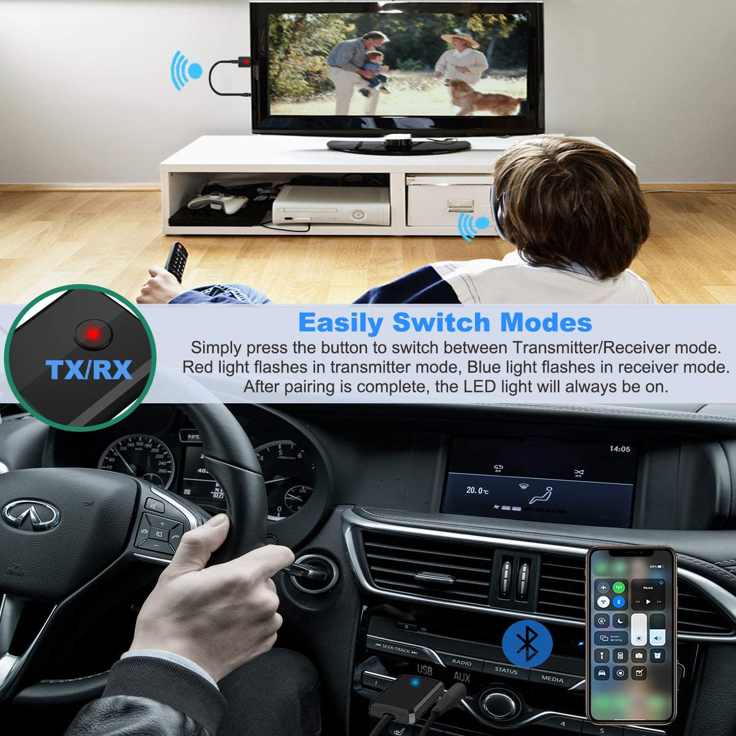4-in-1 USB Bluetooth 5.0 Audio Transmitter and Receiver Adapter