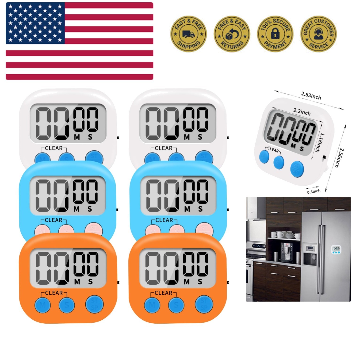 6 Pack Small Digital Kitchen Timer Magnetic Back and ON/Off Switch,Minute Sec...