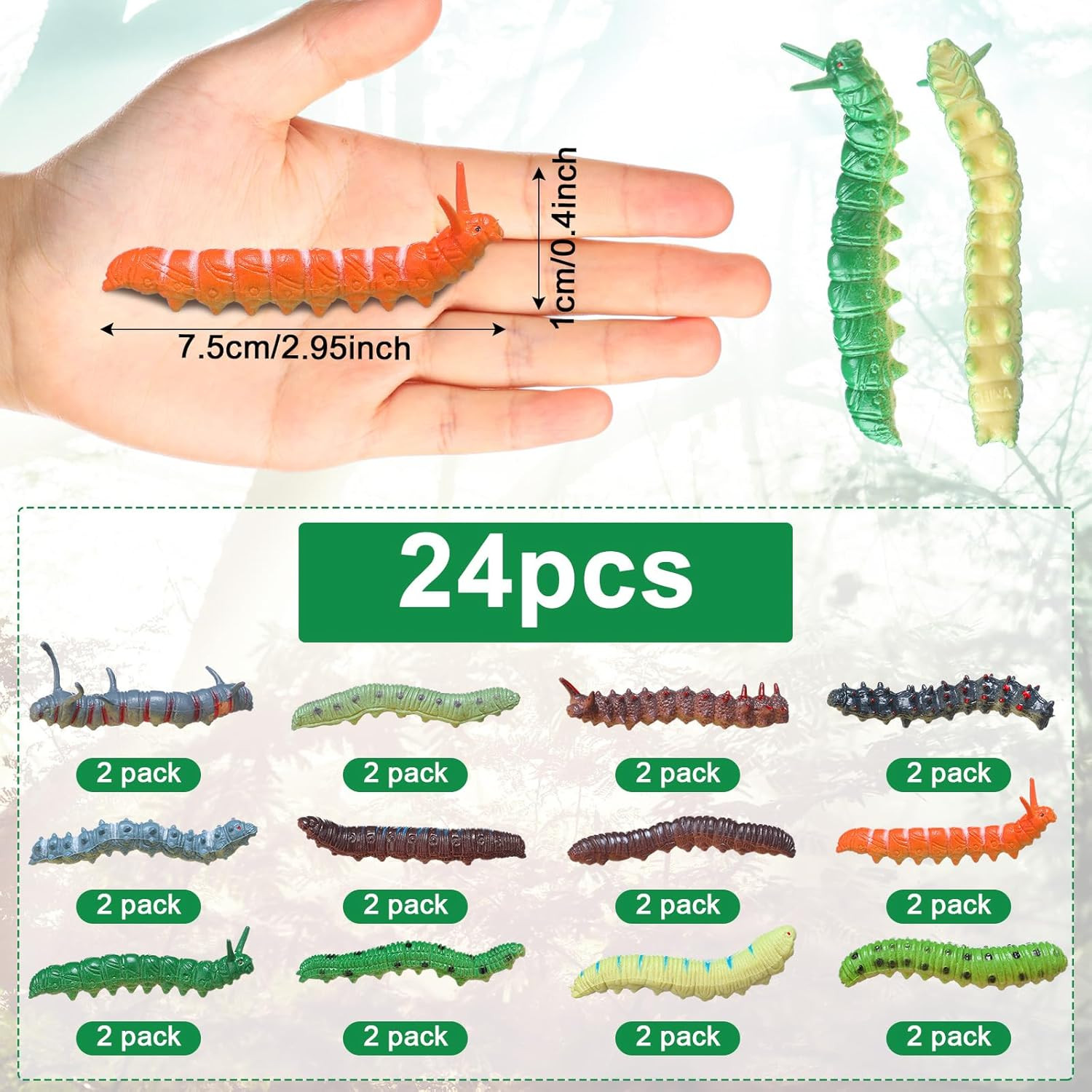 24 Pcs Simulation Caterpillar Fake Worm Crawling Insects Educational Learning Ac