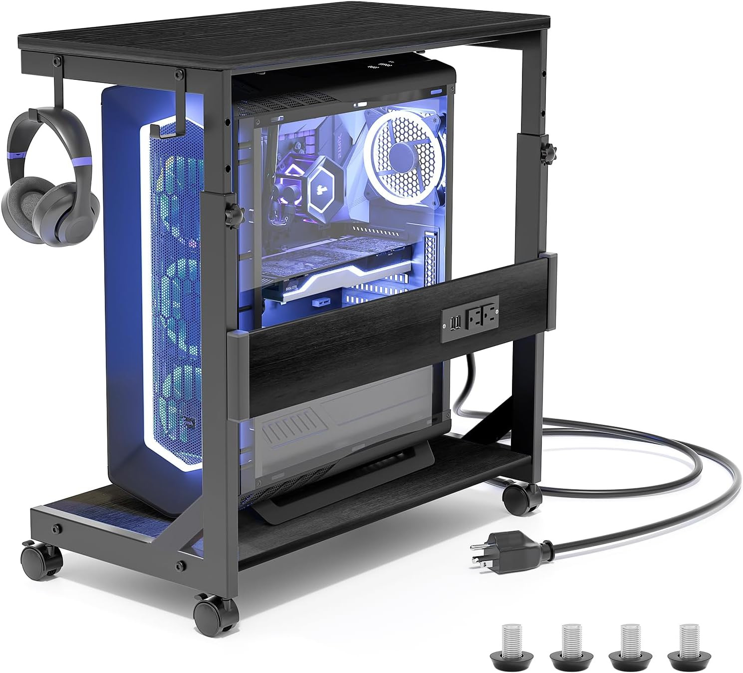 Height Adjustable PC Tower Stand with USB Charging & Locking Wheels