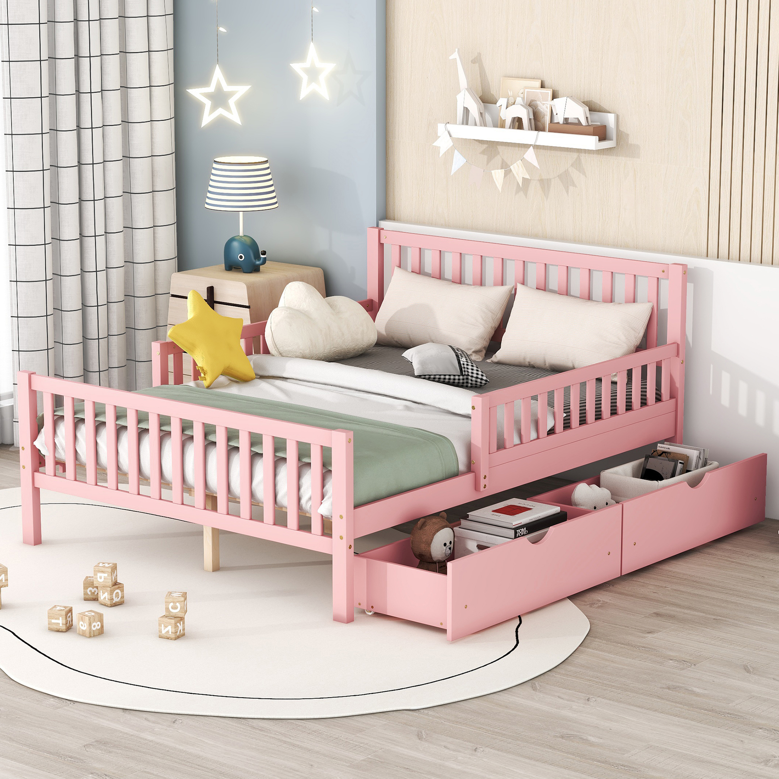 Full Size Wood Platform Bed Frame W/Guardrails on Both Sides 2 Drawers Pink Kids