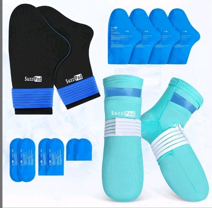 SuzziPad Ice Pack Cooling Socks & Gloves for Chemotherapy Black & Teal Blue Sz S