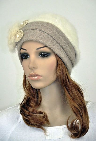 JM32 Rabbit Fur & Wool Women Winter Dress Hat Beanie Cap Cute Flower Ivory Beige