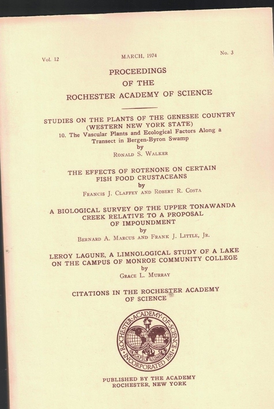 Proceedings of the Rochester Academy of Science March 1974 Western NY Plants