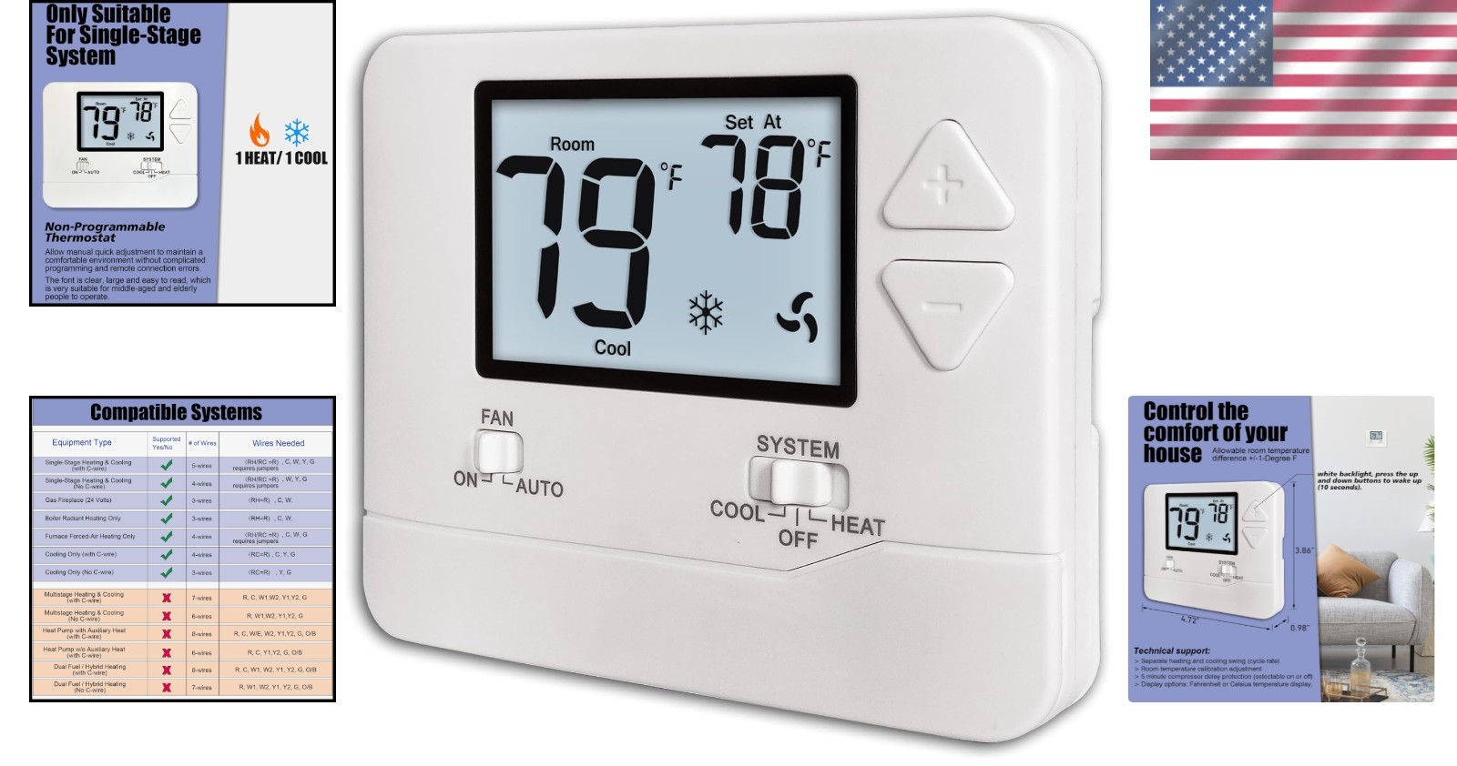 Versatile Non-Programmable Thermostat for Single-Stage Systems - White Display