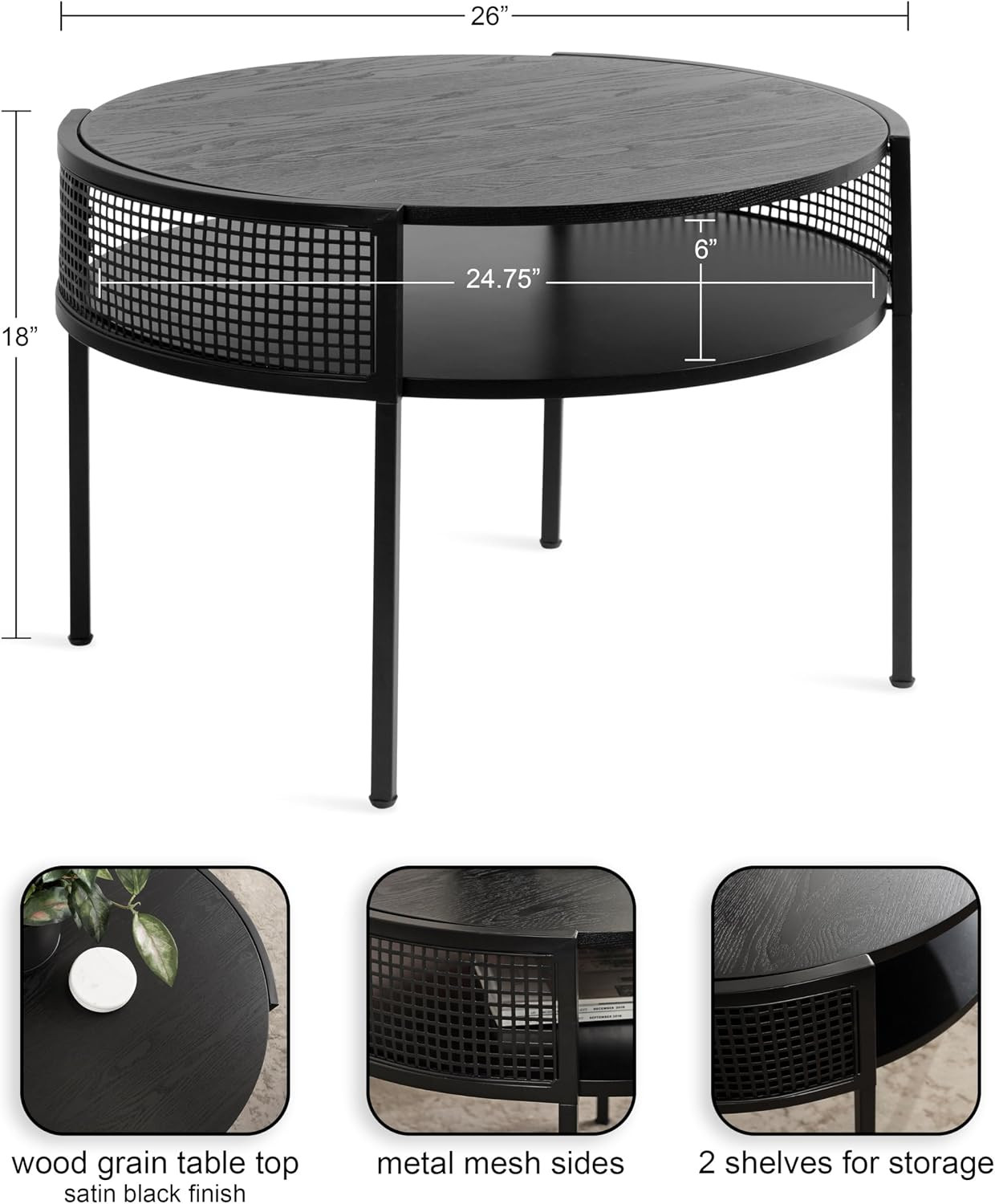 Urso Modern Tiered round Coffee Table, 26 X 25 X 18, Black, Transitional Two-Tie
