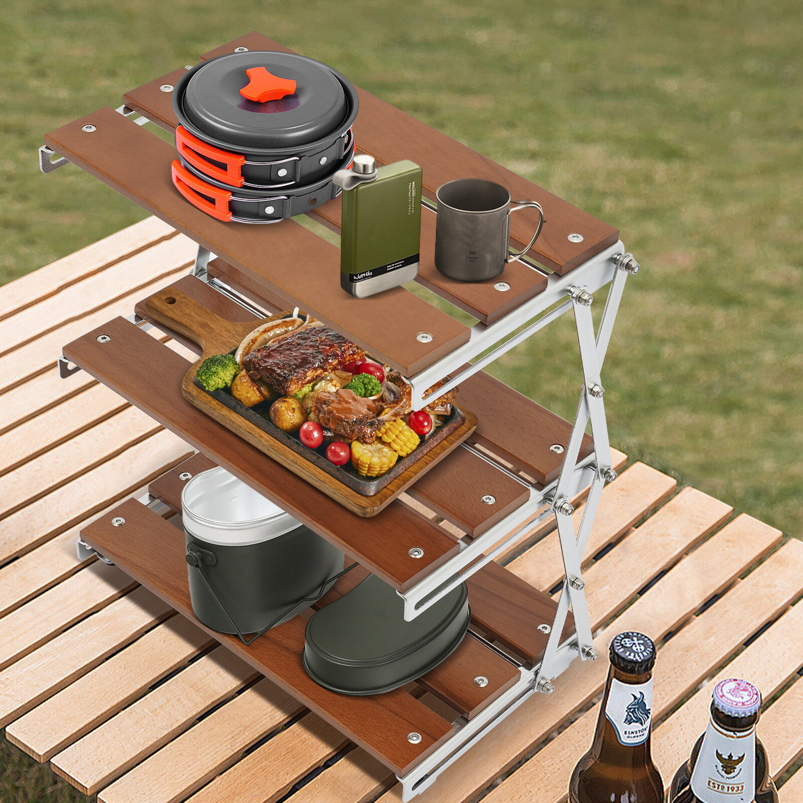 Camping Kitchen Table Picnic Cabinet Folding Cooking Storage Rack Portable