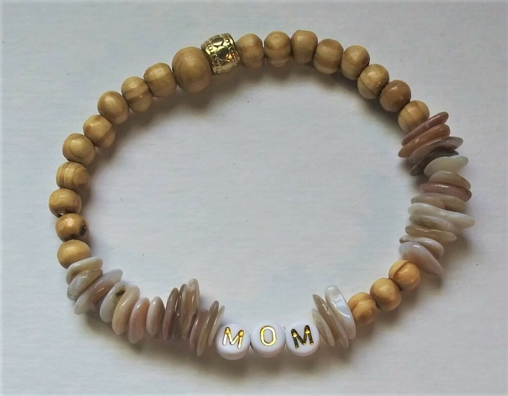 Sweet Mom Stretchy Bracelet Stack Wood Beads and Chips