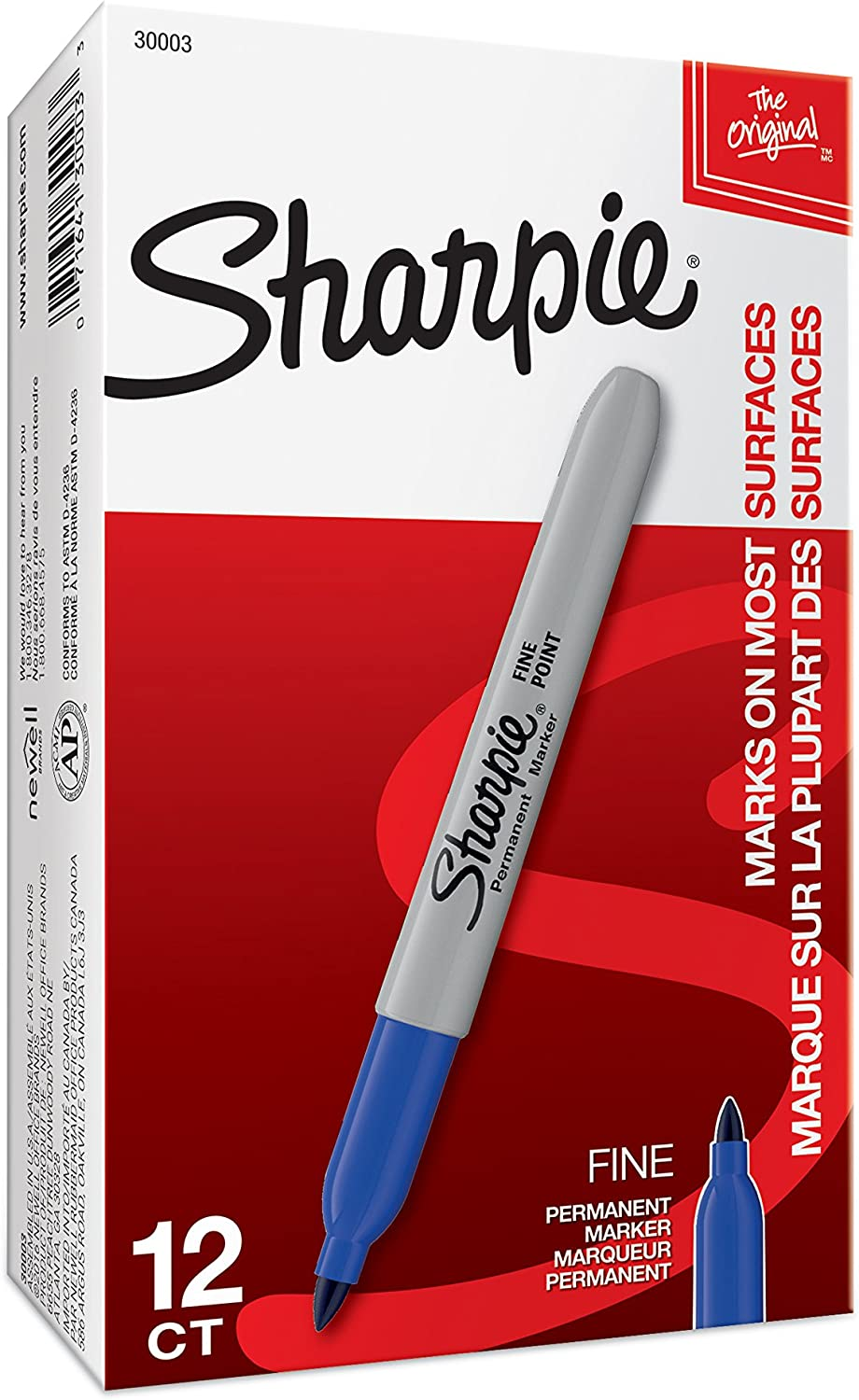 Sharpie Permanent Markers, Fine Point, Blue, 12 Count