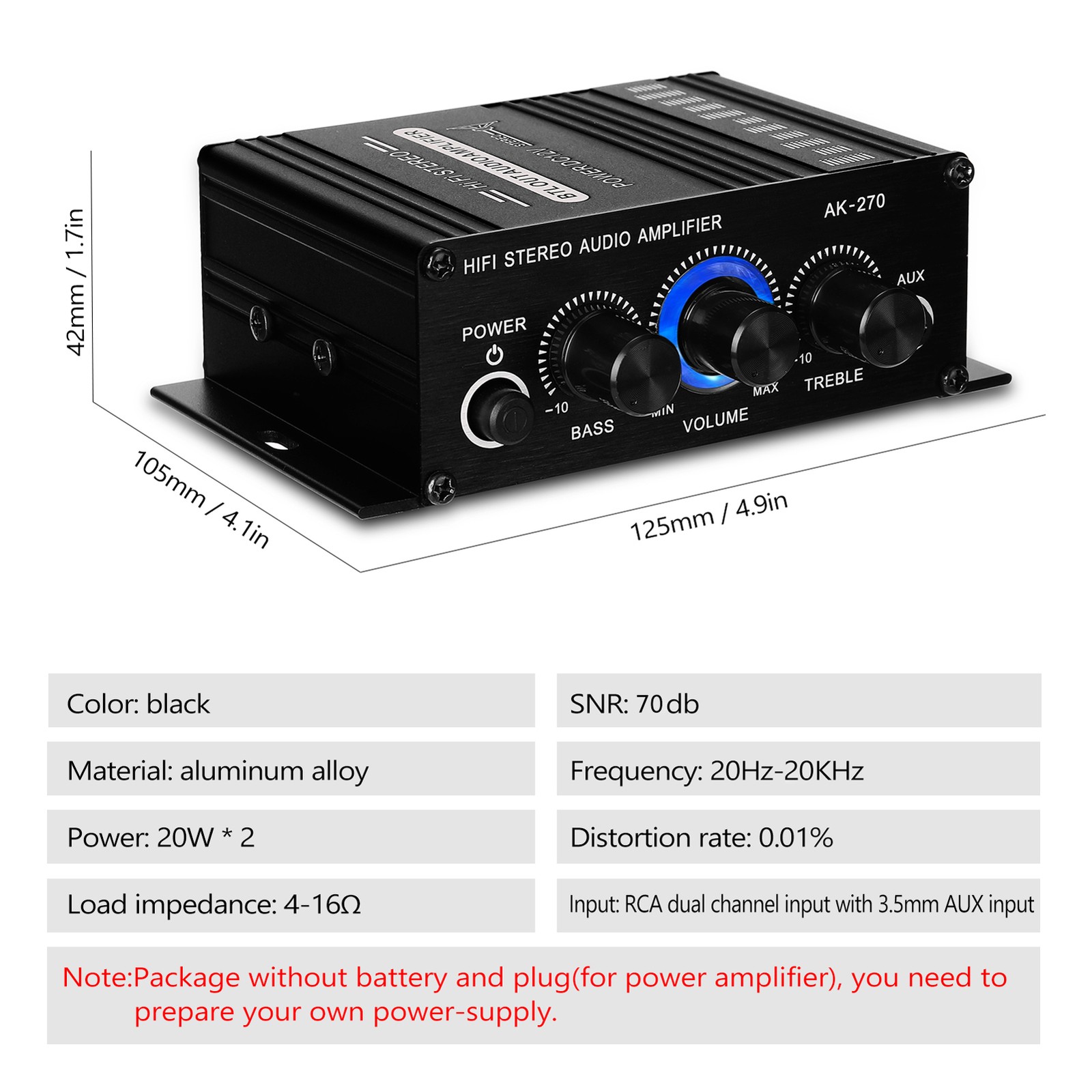 AK270 Mini Audio 2-Channel Stereo Power Amplifier Portable Sound Amplifier BDXC