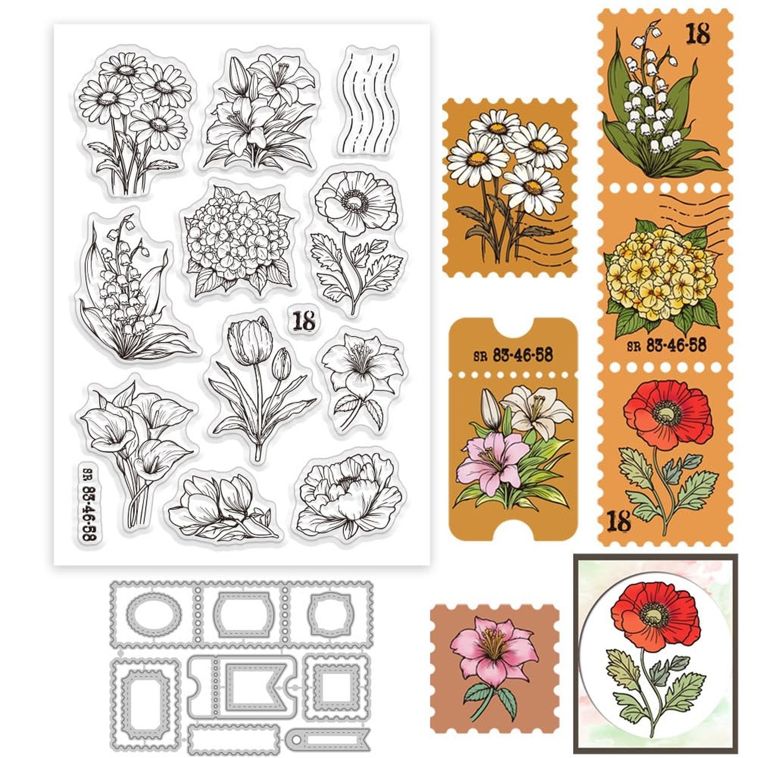 GLOBLELAND Flowers Stamps Clear Stamp and Cutting Dies Set for Card Making Tu...