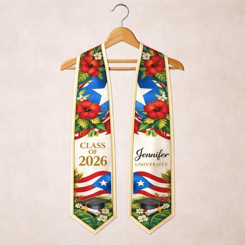 Personalized Puerto Rico Graduation Stole, Custom Puerto Rican Flag Sash, Class