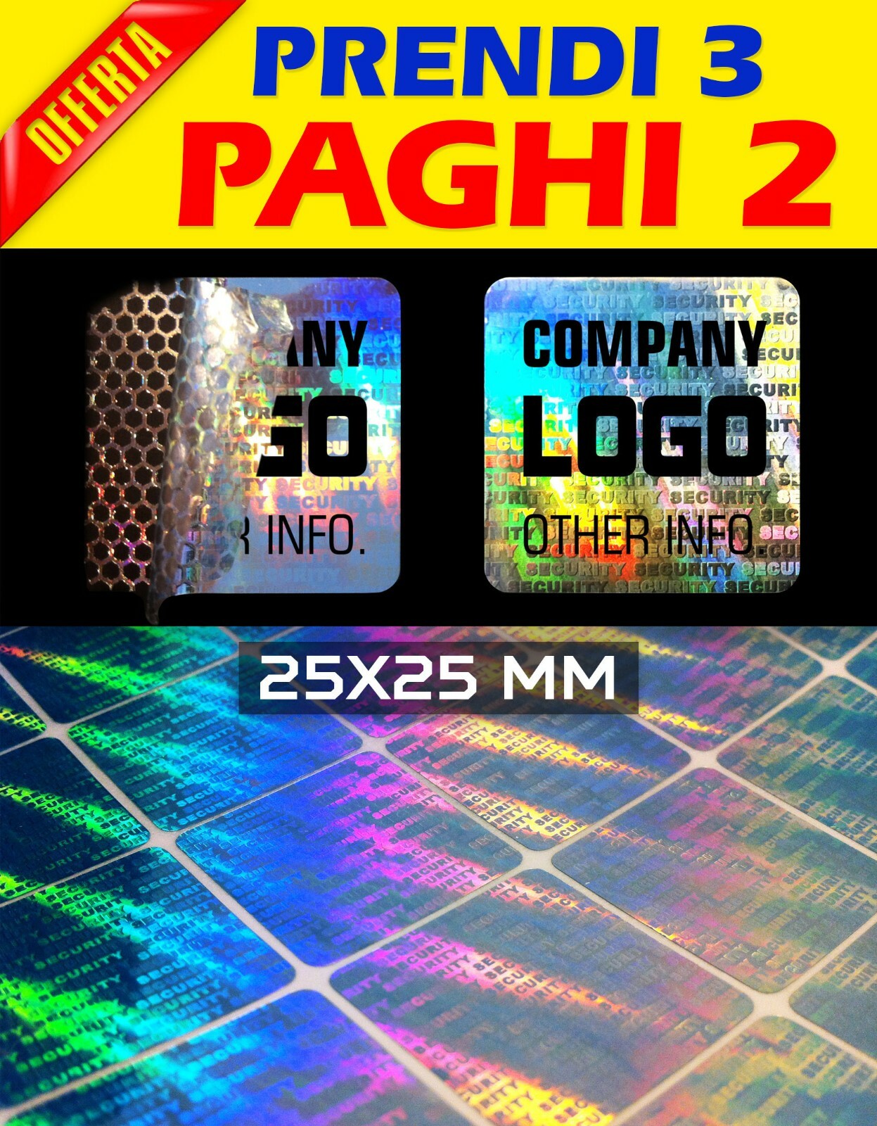 288 CUSTOM HOLOGRAM ADHESIVE SEALS SAFETY GUARANTEE STAMPS 25X25MM