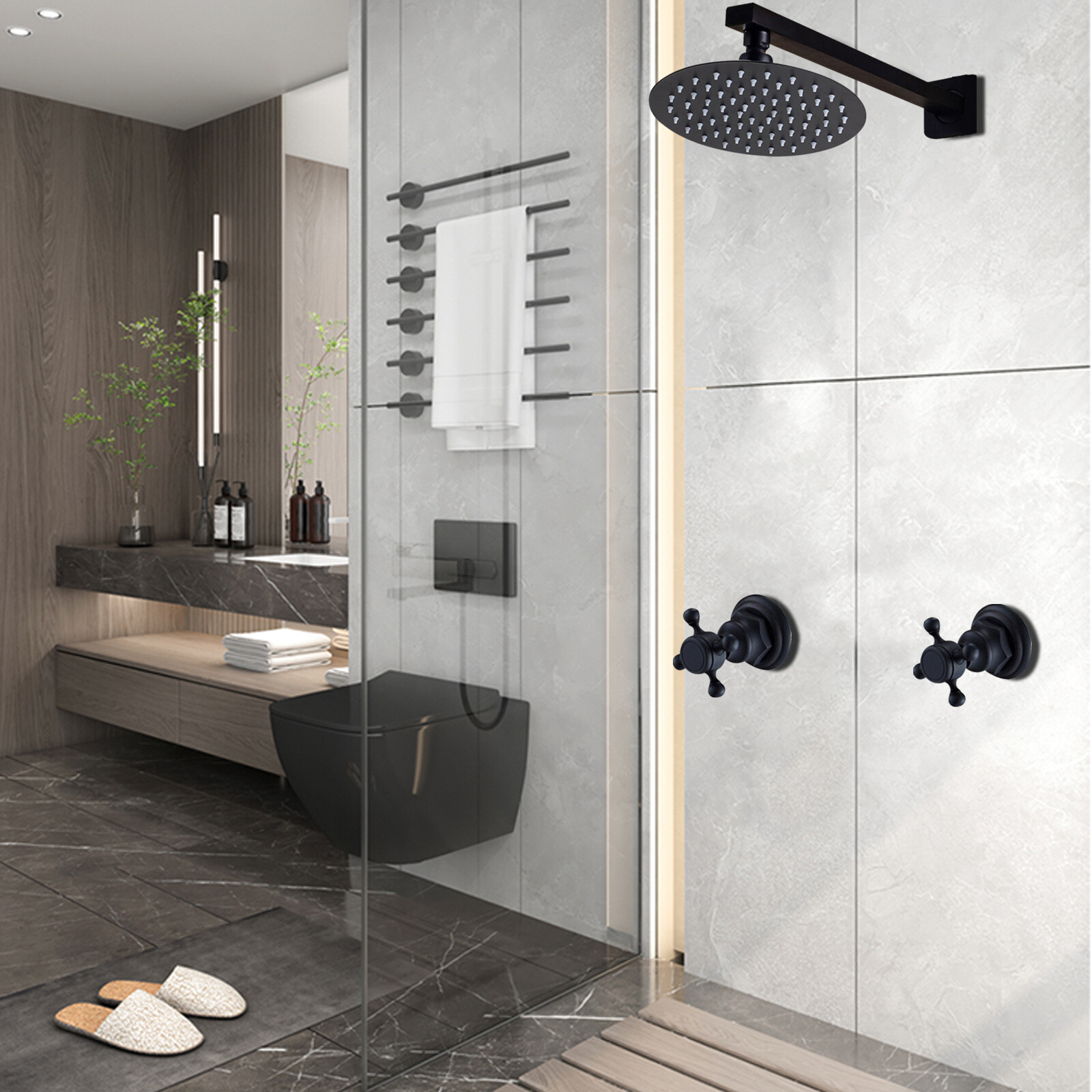 Shower Faucet Set Rainfall Shower Head Combo System Wall Mount w/Mixer Valve Kit