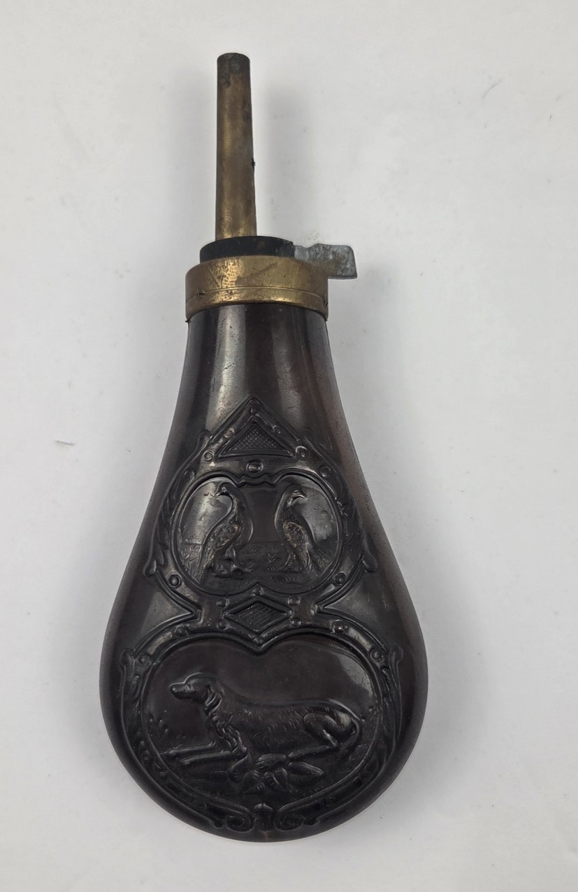 Copper Black Powder Flask with Pheasant & Dog Embossed