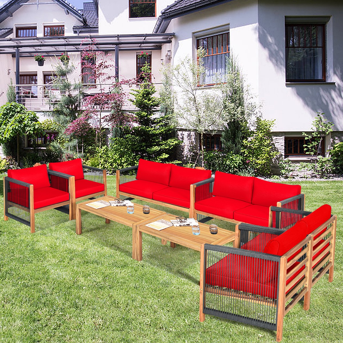 Patiojoy 8PCS Acacia Wood Patio Furniture Set Cushioned Sofa W/Rope Armrest Red