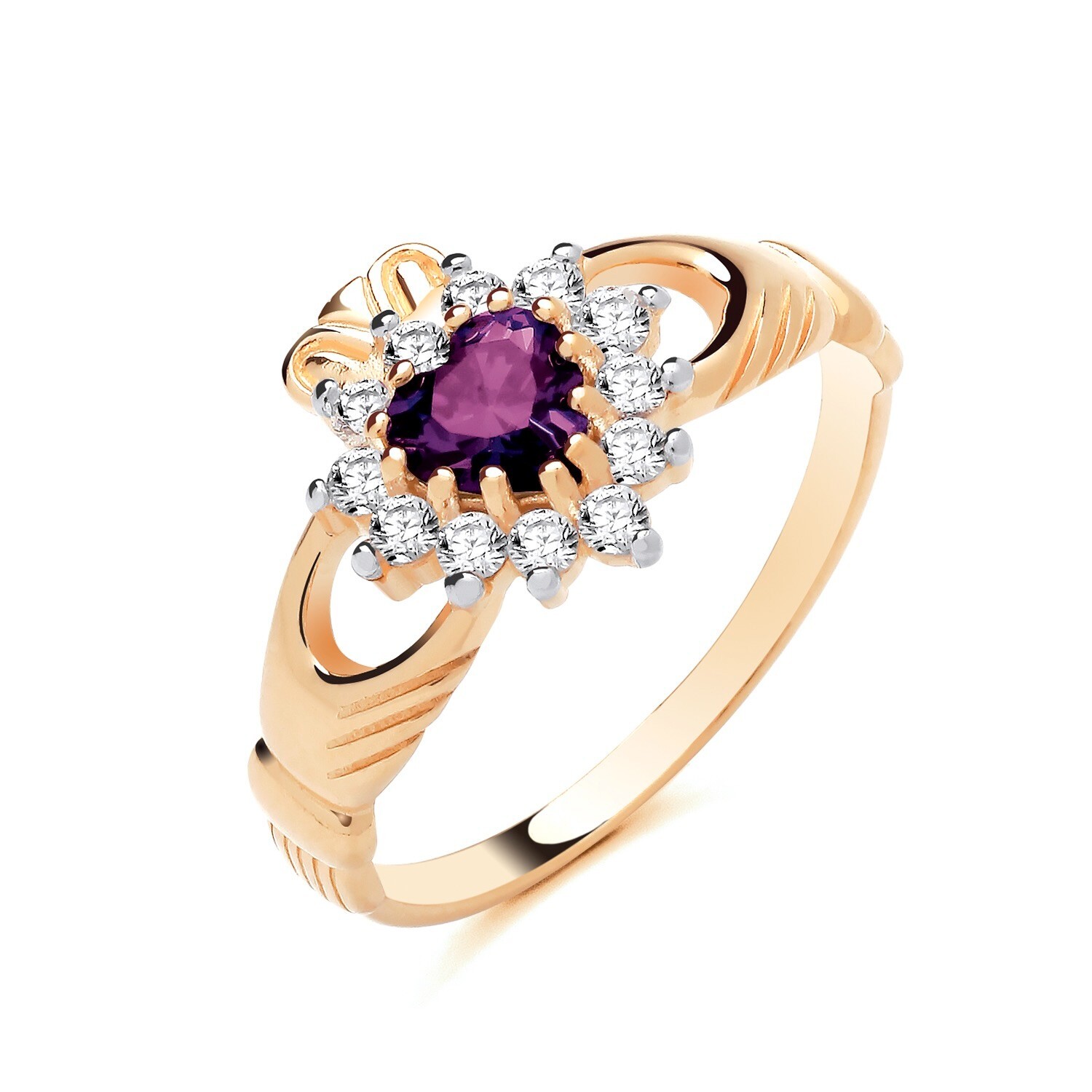 9ct Yellow Gold on Silver simulated AMETHYST Irish CLADDAGH Ring size J to U