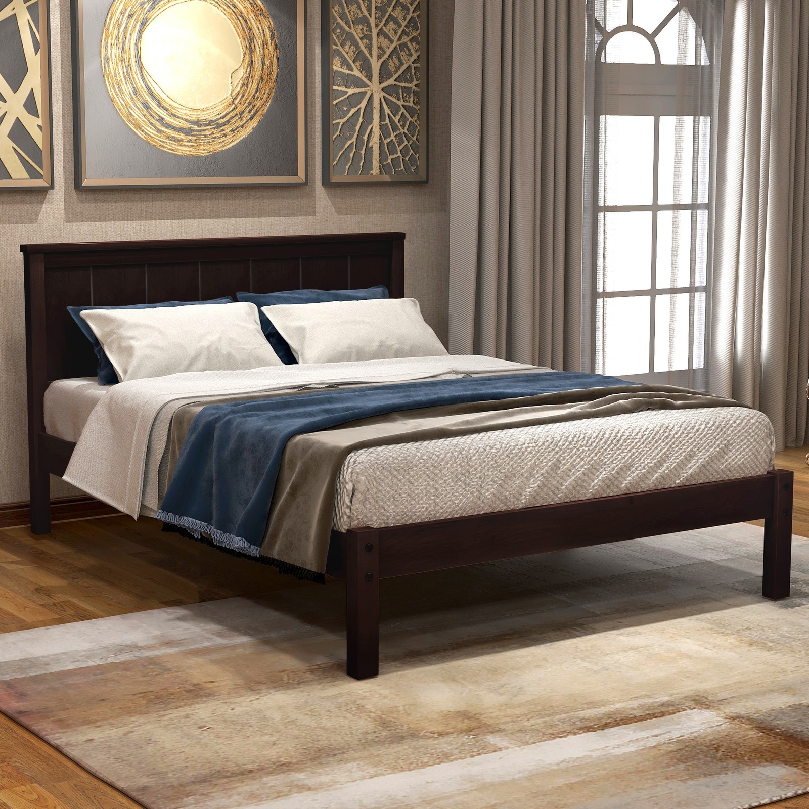 Twin Size Platform Bed Frame w/Headboard,Wood Slat Support Bed Frame for Bedroom