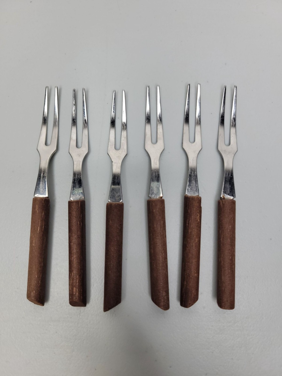Vintage Lot of 6 Cocktail Forks Wooden Handle AS IS