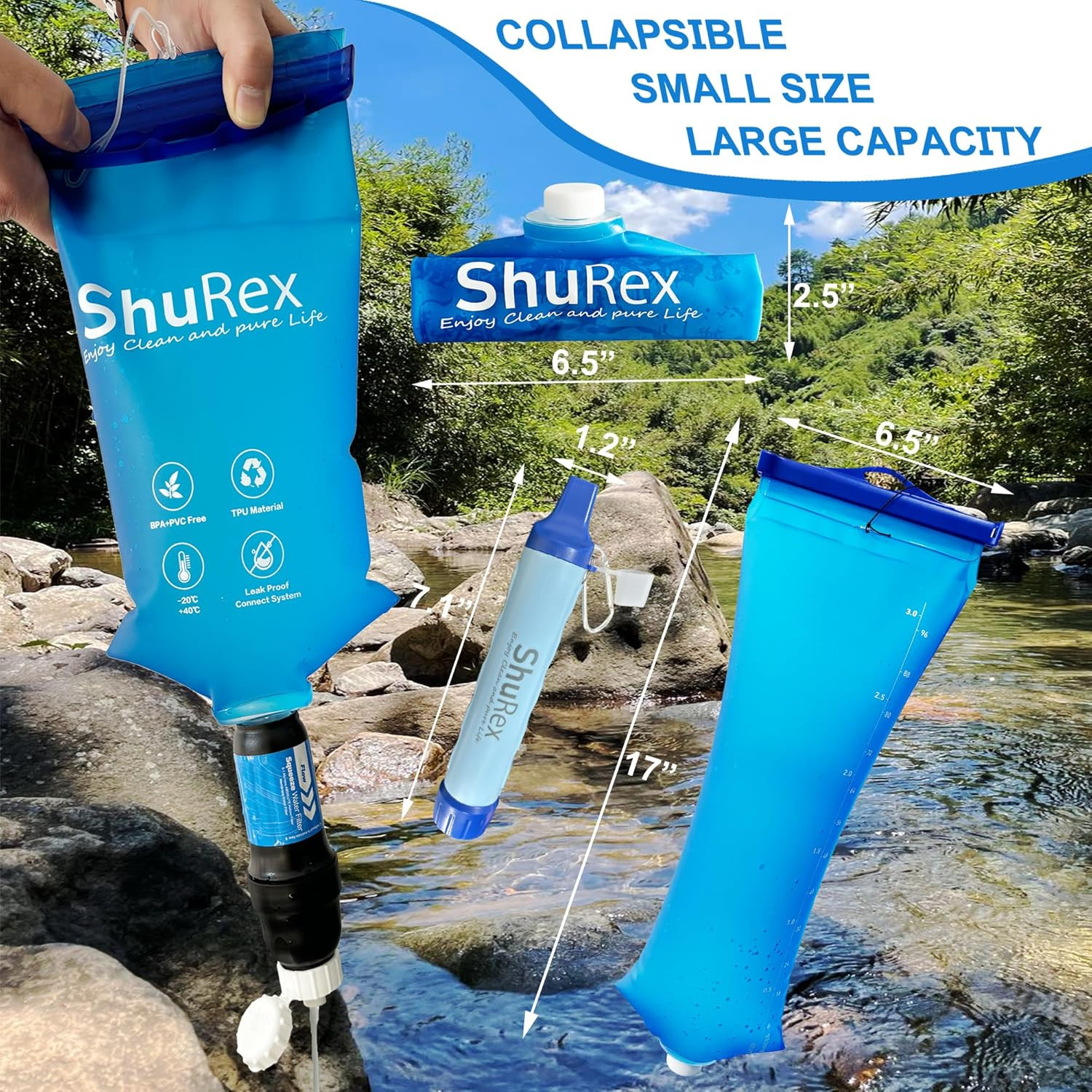 Gravity Fed Water Filtration System with Adjustable Tree Strap, Gravity Bag with