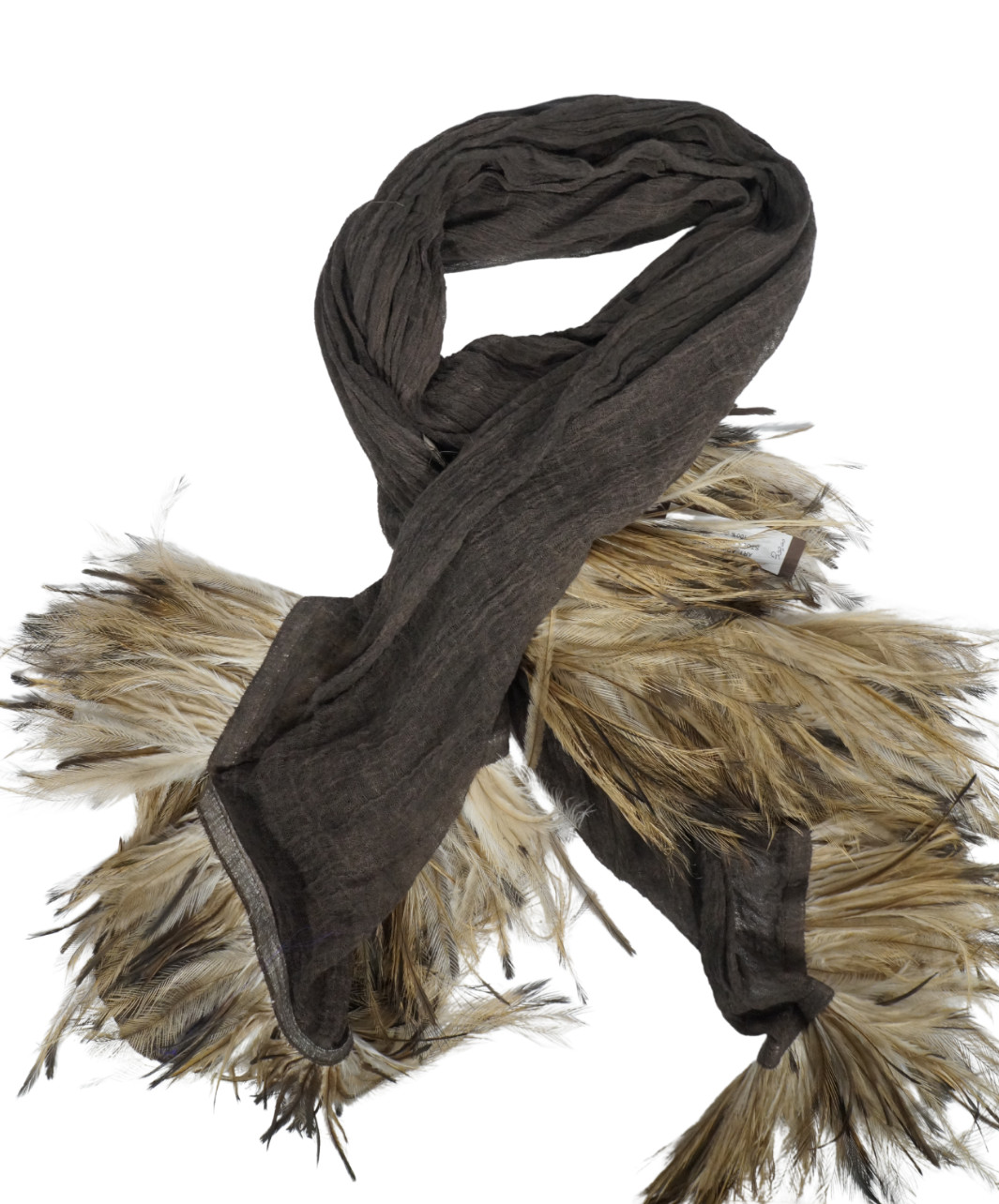 $600 NWT CLAUDIO CUTULI Brown Gauze w Feathers Scarf Made in Italy 80"X 37"